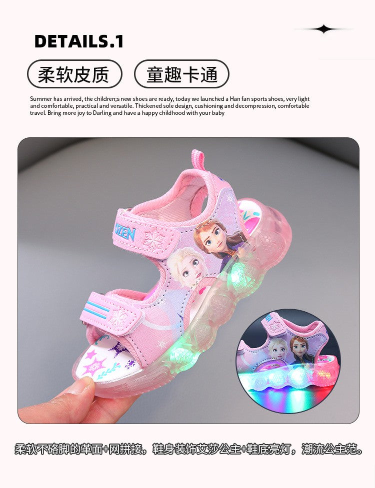 Disney Boys Girls Frozen Elsa Princess Led Light Up Luminous Sports Sandals Summer Kids Sandals Non-slip Toddler Shoes