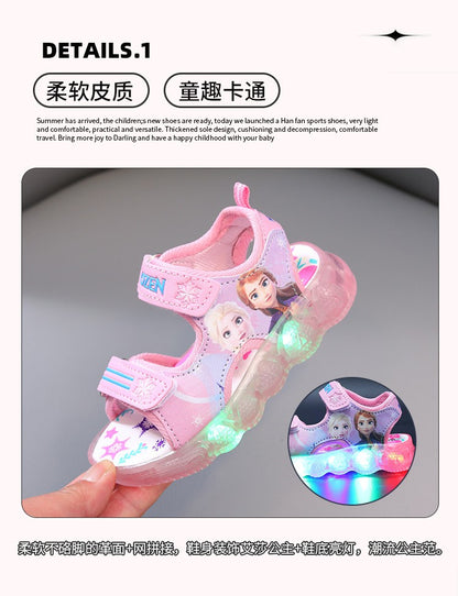 Disney Boys Girls Frozen Elsa Princess Led Light Up Luminous Sports Sandals Summer Kids Sandals Non-slip Toddler Shoes