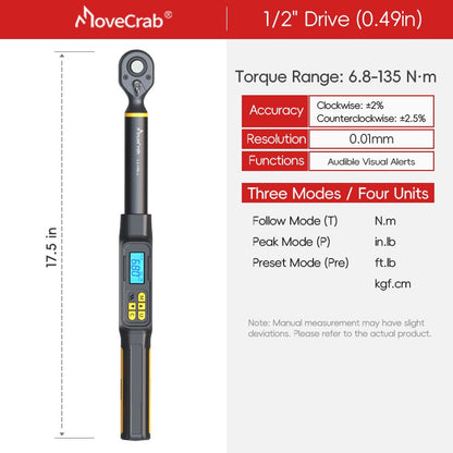 Chave de Torque Digital MoveCrab 0.6-340Nm ±2% Alta Precisão Catraca Bidirecional Alarme Sonoro e LED para Medição de Precisão