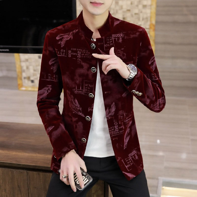 Luxury Retro Velvet Suit Jacket for Men Fashion Slim Fit Stand Collar Blazer Masculino Casual Business Wedding Dress Coat