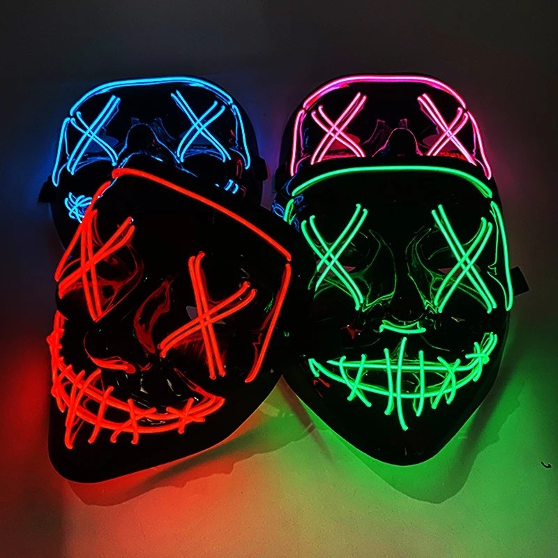 Wireless Neon LED Purge Mask Multi Glow Horror Face Cover Unisex Light Up Headgear For Halloween Masquerade Carnival Cosplay