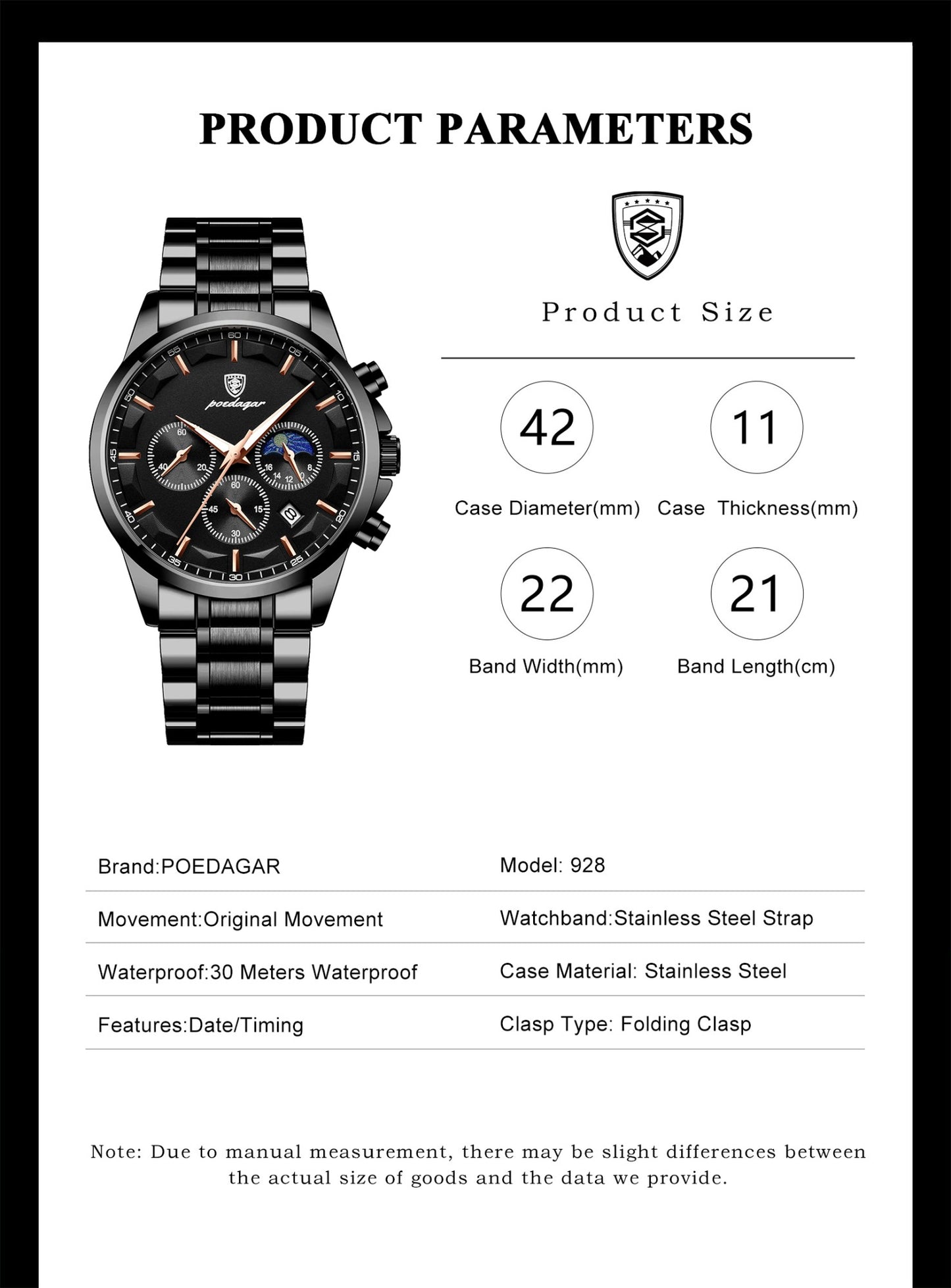 POEDAGAR Top Fashion Men's Watches Waterproof Luminous Stainless Steel Men Wristwatch Chronograph Date Quartz Business Man Watch