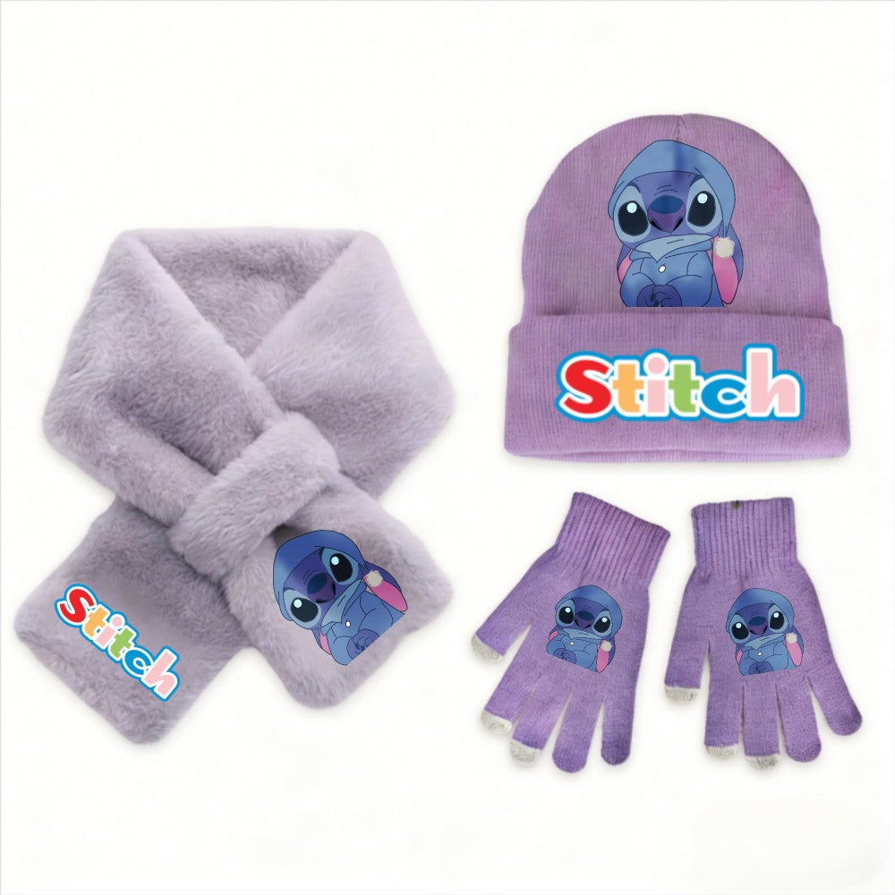 Conjunto de 3 peças de chapéu, cachecol e luvas de malha de inverno Stitch Disney Kawaii quente para meninas Acessórios casuais de moda infantil presente de Natal perfeito