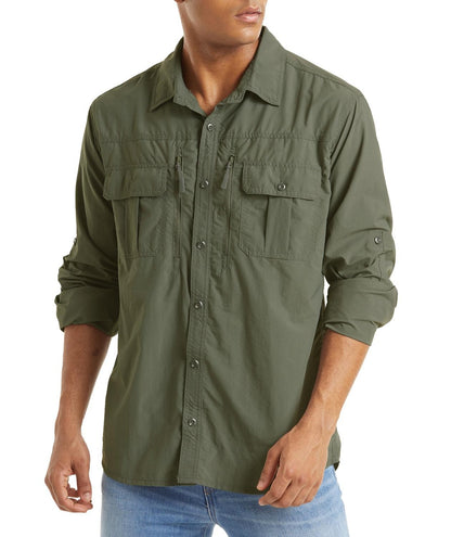 TACVASEN With 2 Chest Zipper Pockets Cargo Shirt Men's Quick Drying Skin Protective Long Sleeve Work Shirt Male Tops Outdoor