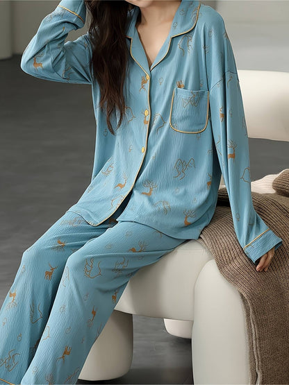 Women's Pajama Set - Long-Sleeve Buttoned Top & Elastic Waist Pants, Autumn & Winter Casual Loungewear