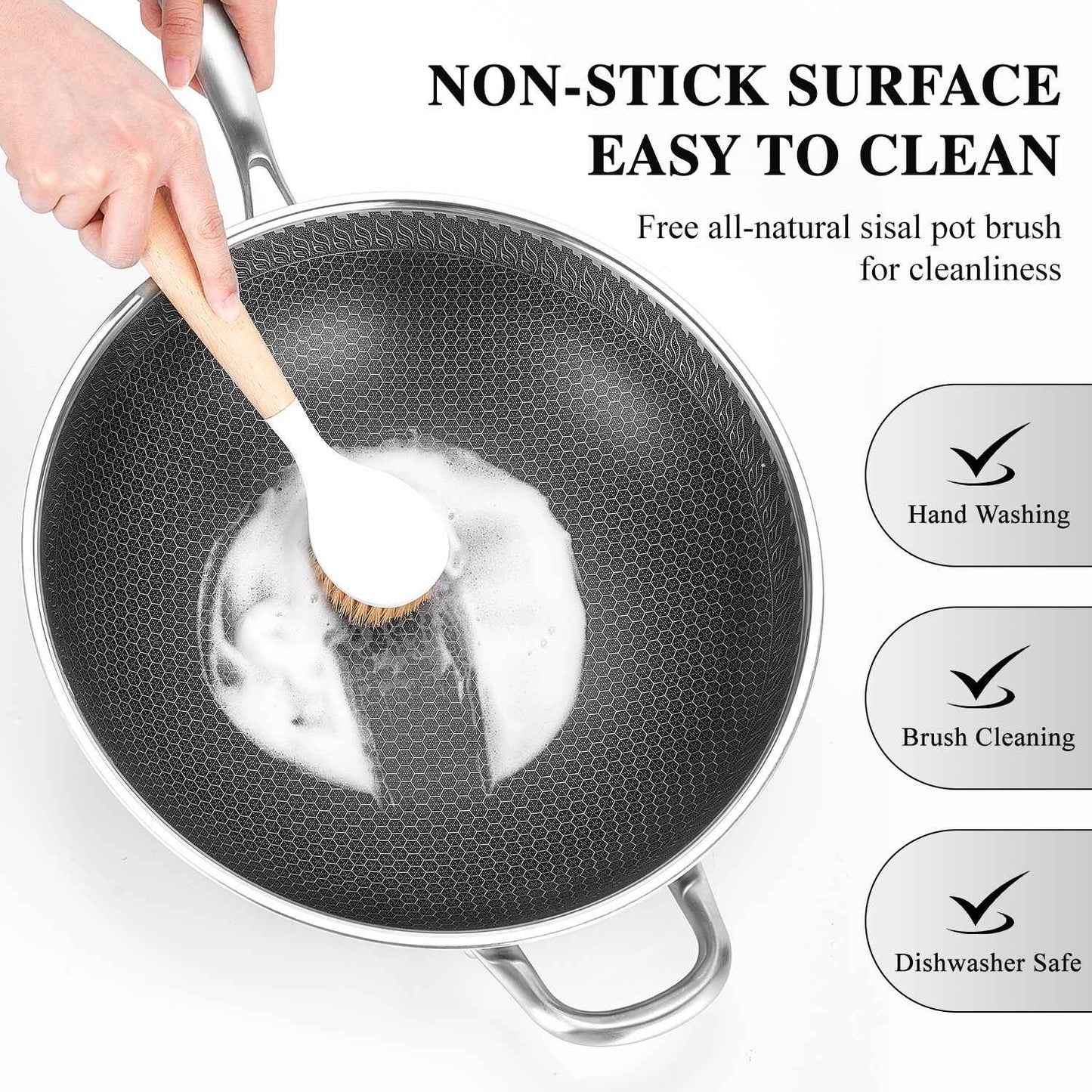 Wok pan,Hybrid 13 inch Wok with Lid, PFOA Free Cookware,non stick Stainless Steel Woks & Stir-fry pans Nonstick