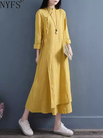 NYFS 2025 Spring Autumn New Womens Dresses Vestidos Robe Elbise Loose Plus Size Cotton Linen Double Layer Long Dress