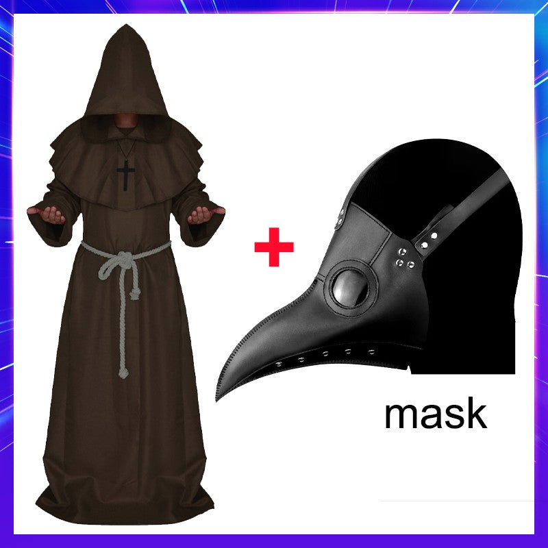 Medieval Monk Cosplay Wizard Hooded Robe Steampunk Priest Horror Cloak For Men Unisex Mask Hat Costume Halloween Masquerade Cape