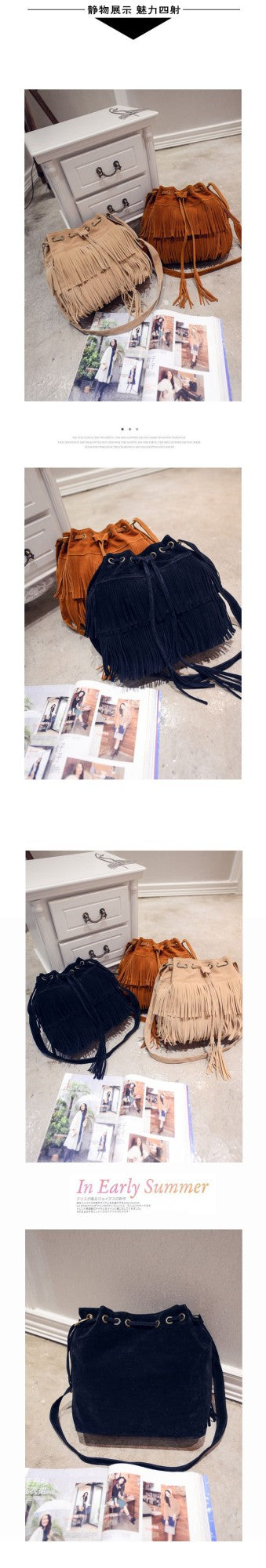 Fashion Retro Faux Suede Fringe Women Messenger Bags Tote New Handbag Tassel Shoulder Handbags Crossbody Bag Tassel Bucket