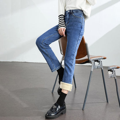 Women's Winter Fleece Warm Jeans Retro Elastic Thickened Comfortable Straight Fashion Korean Casual Female Velvet Denim Pants