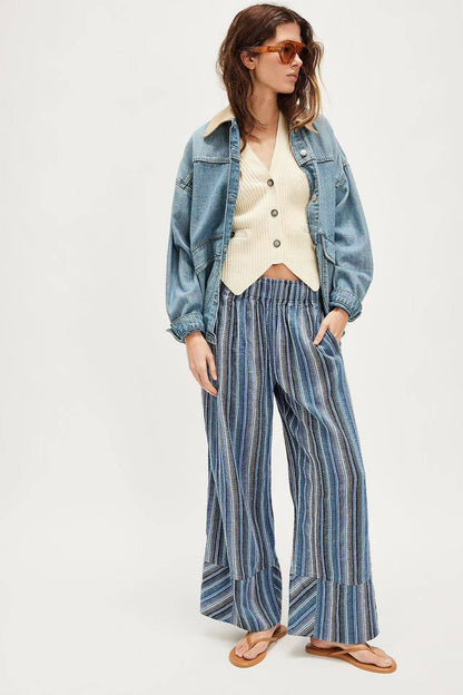 Fashion Printed Striped Wide-leg Long Pants Women's New Spring Autumn Loose Casual High-waisted Slimming Beach Long Pants Female