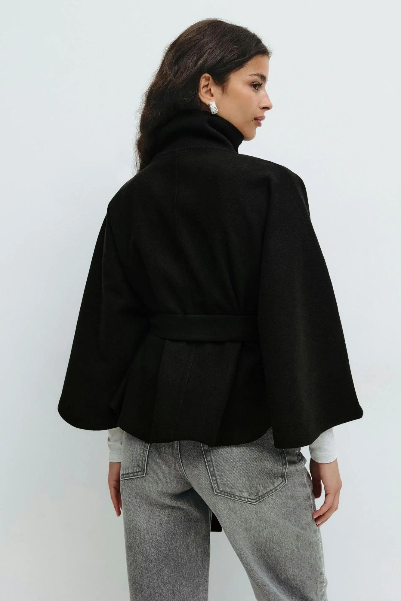 chic vintage cape jacket with belt stand neck single breasted loose coat loose flare sleeve coats early lady autumn Y2K outwears