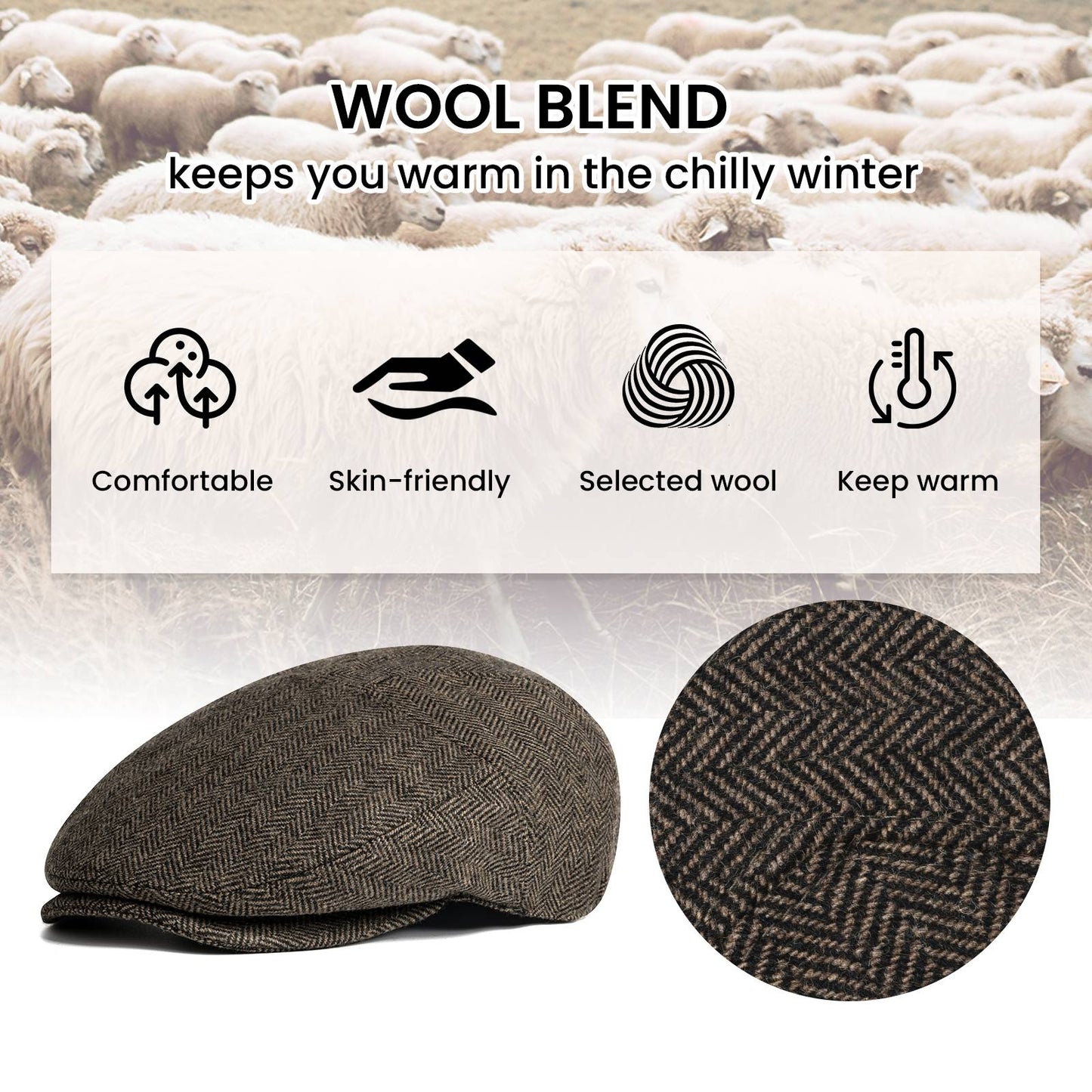 JANGOUL Men Wool Blend XL XXL Ivy Newsboy Cap Classic Tweed Gatsby Cabbie Flat Hat