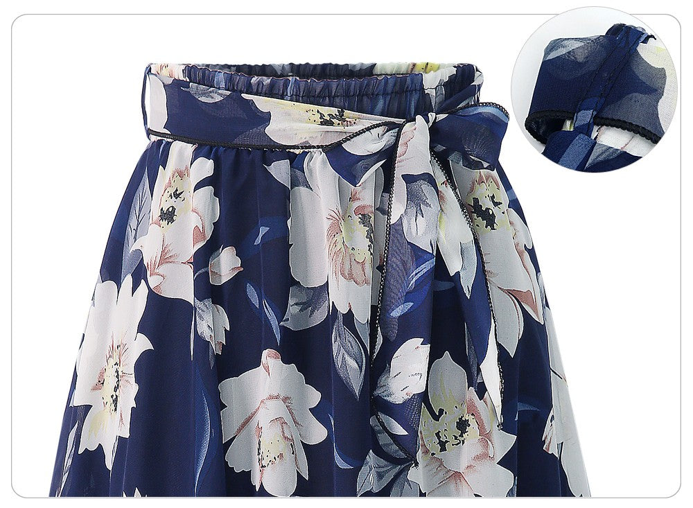 Plus Size Print Floral Skirt Women 2024 Summer Loose Elastic High Waist Chiffon Midi Skirts Lace Up Bow L-5XL Swing Jupe Femme