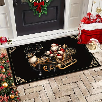 VIKAMA Christmas Welcome Doormat Lightweight, Machine-Washable Black & Gold Reindeer Print Rug Holiday Home Decor