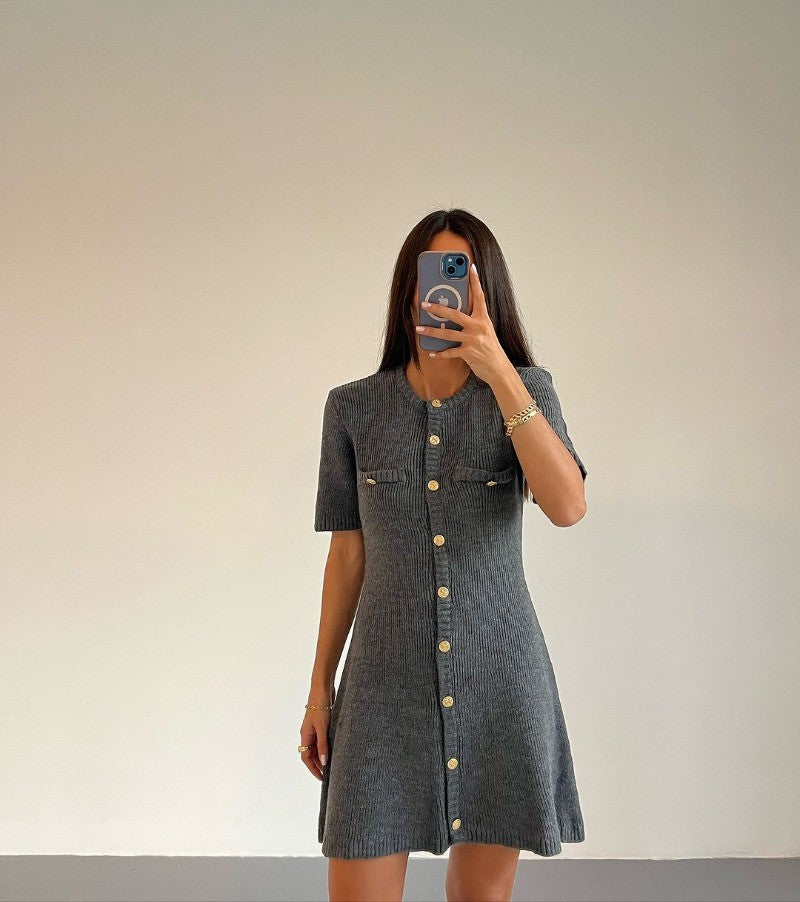 Trendix Elegant Knit Mini Dress Women Street Slim High Waist Short Sleeve Rib Sw