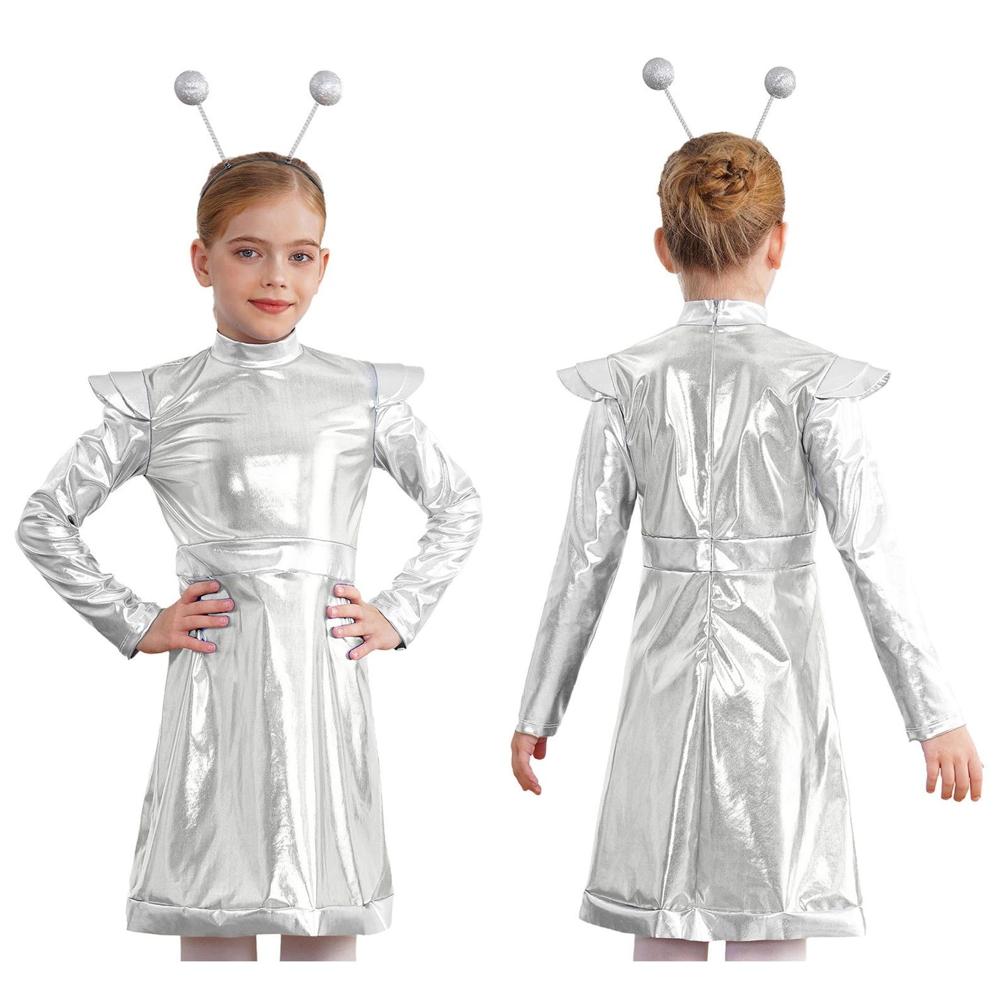 Kids Alien Cosplay Costume Outfits Boys Girls Metallic Shiny Alien Jumpsuit Halloween Full Length Bodysuit with Hair Hoop Suit