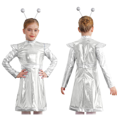 Kids Alien Cosplay Costume Outfits Boys Girls Metallic Shiny Alien Jumpsuit Halloween Full Length Bodysuit with Hair Hoop Suit