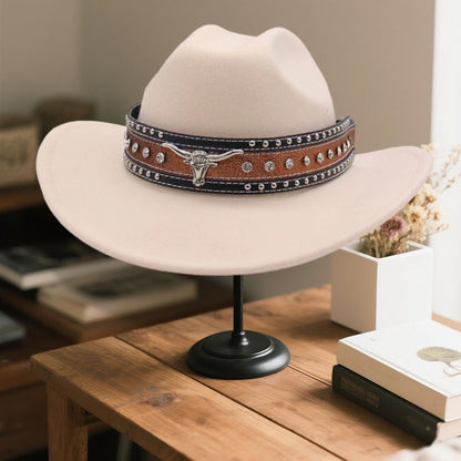 Fashionable Wide Brim Hat with Rhinestone Bull Belt - Trendy Cowgirl Cap for Men and Women Perfect for Outdoor Activities