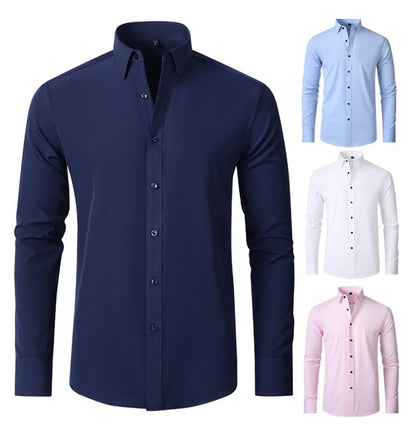 Plus Size 7XL 6XL High Elasticity Seamless Spandex Shirt Men Long Sleeve Slim Fit Casual Solid Color Social Formal Dress Shirts