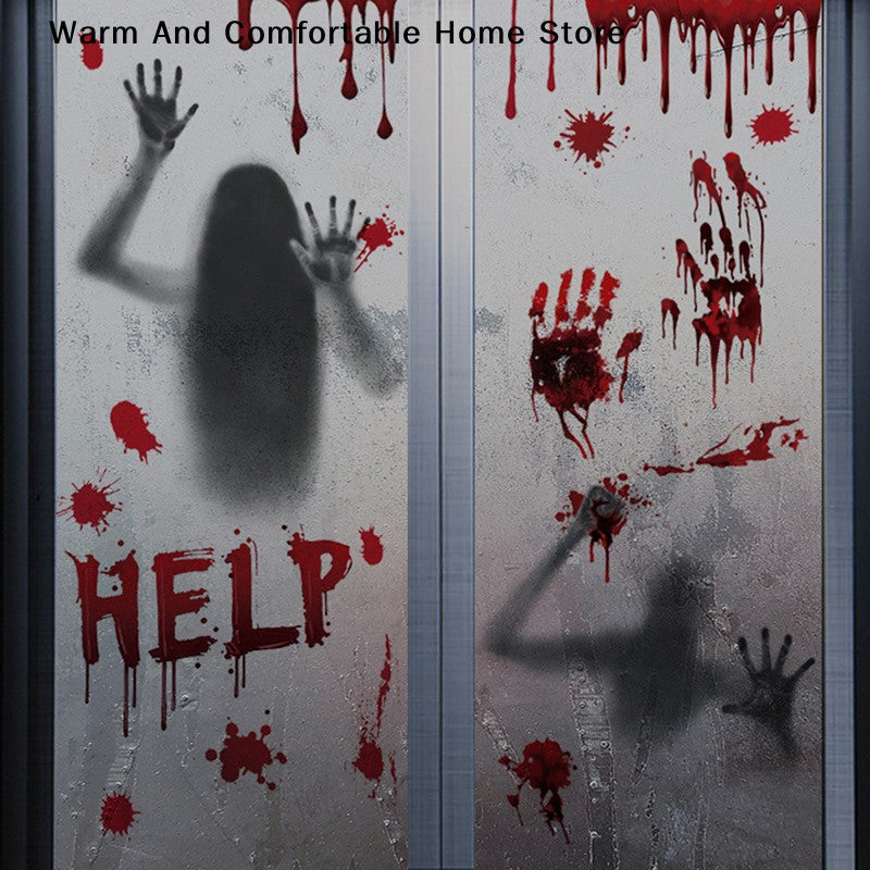 ?W?Halloween Stickers Horror Blood Hand Print Door Stickers Window Bathroom Shadow Glass Female Ghost Wall Decal Halloween Decor