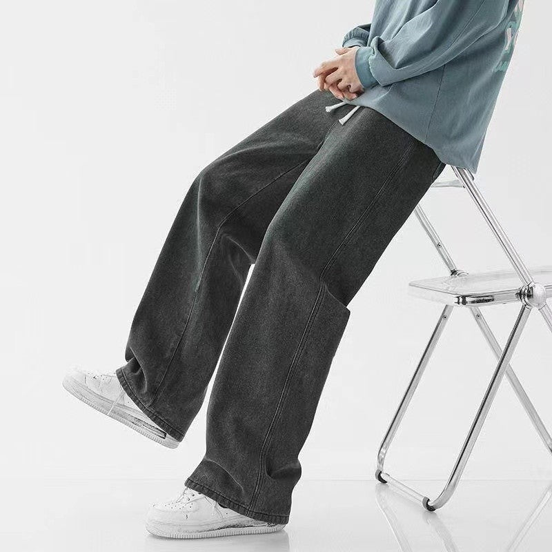 Casual Outdoor Men's Jeans Elastic Waist Loose Fit Long Pants Spring Autumn Workwear Comfortable Straight Leg Blue Denim