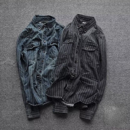 Amekaji Cargo Shirts Men's Vintage Vertical Stripe Denim Jackets Washed Distressed Pocket Trim Casual Coats Spring Autumn Shirts