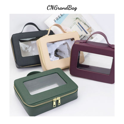 Free Custom Name Genuine Leather Travel Cosmetic Bag Set Colorful Classic Saffiano Portable Wash Bag for Women