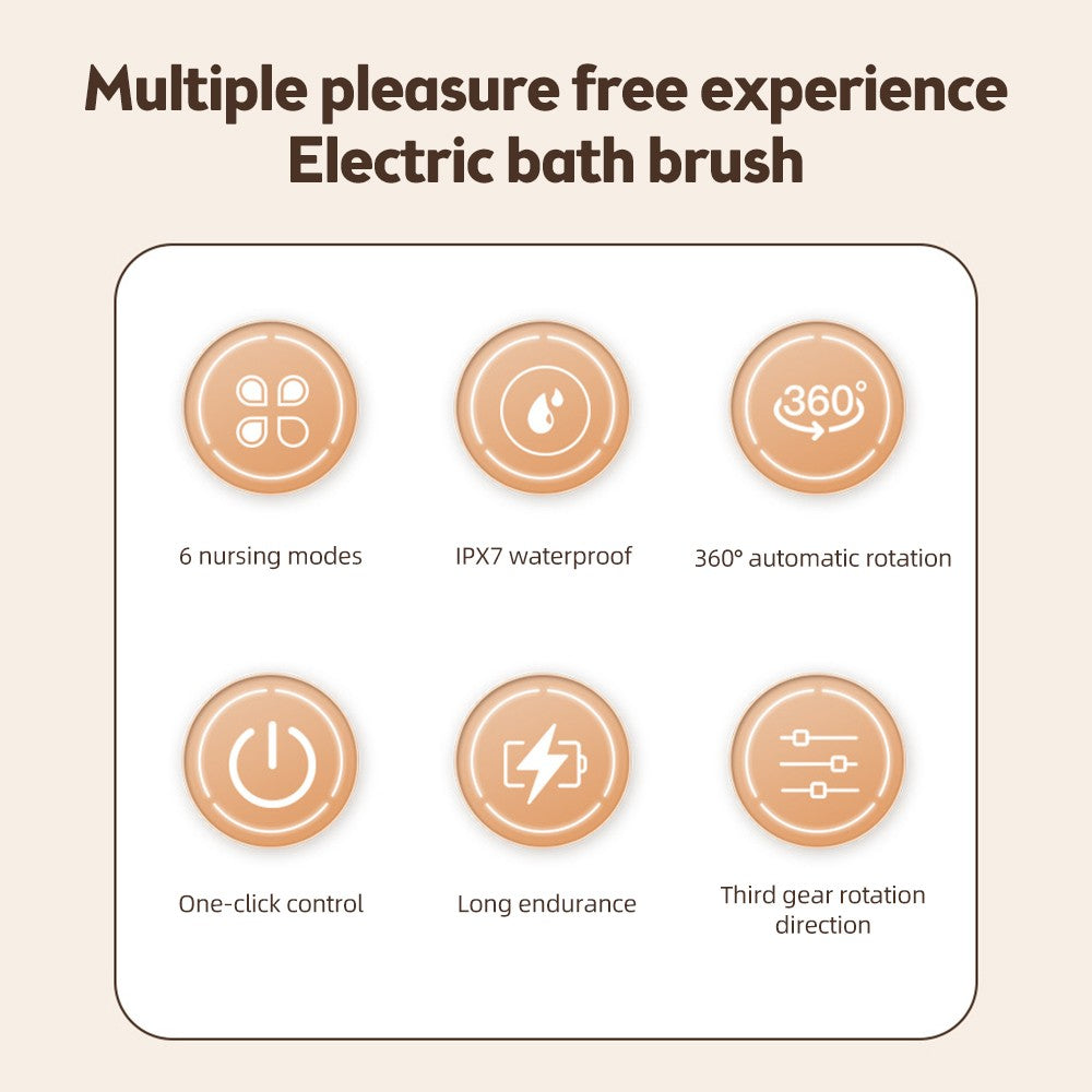 Electric shower brush, rechargeable, waterproof IPX7, 3-speed 6-in-1, wireless shower brush head, lazy scrubbing tool