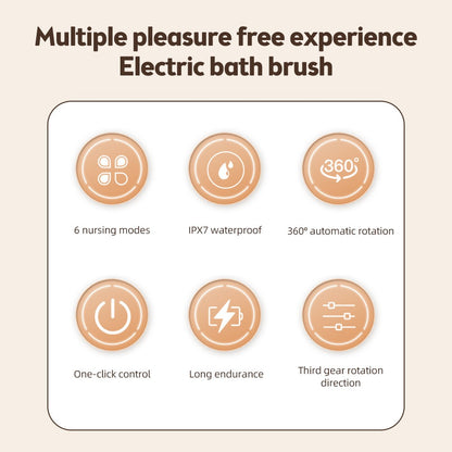 Electric shower brush, rechargeable, waterproof IPX7, 3-speed 6-in-1, wireless shower brush head, lazy scrubbing tool