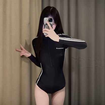 Long Sleeve Swimsuit Women Full Body Wetsuit Front Zip One Piece Bathing Suit with Built in Bra for Wakeboarding Diving Vacation