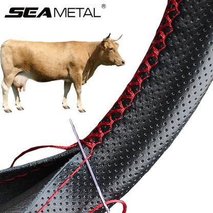 Capa de Volante SEAMETAL de Couro Genuíno com Agulhas e Linha, Trança DIY para Carro, Diâmetro 37-38cm