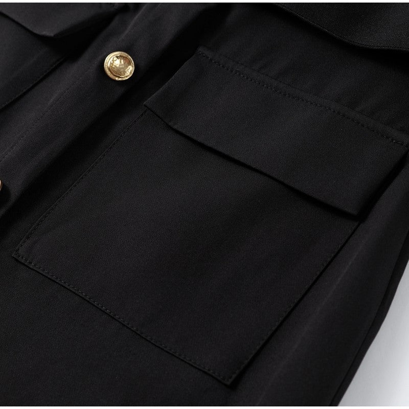 Elegant Midi Dress Woman O-neck Single Breasted Sleeveless Pocket Dresses Female