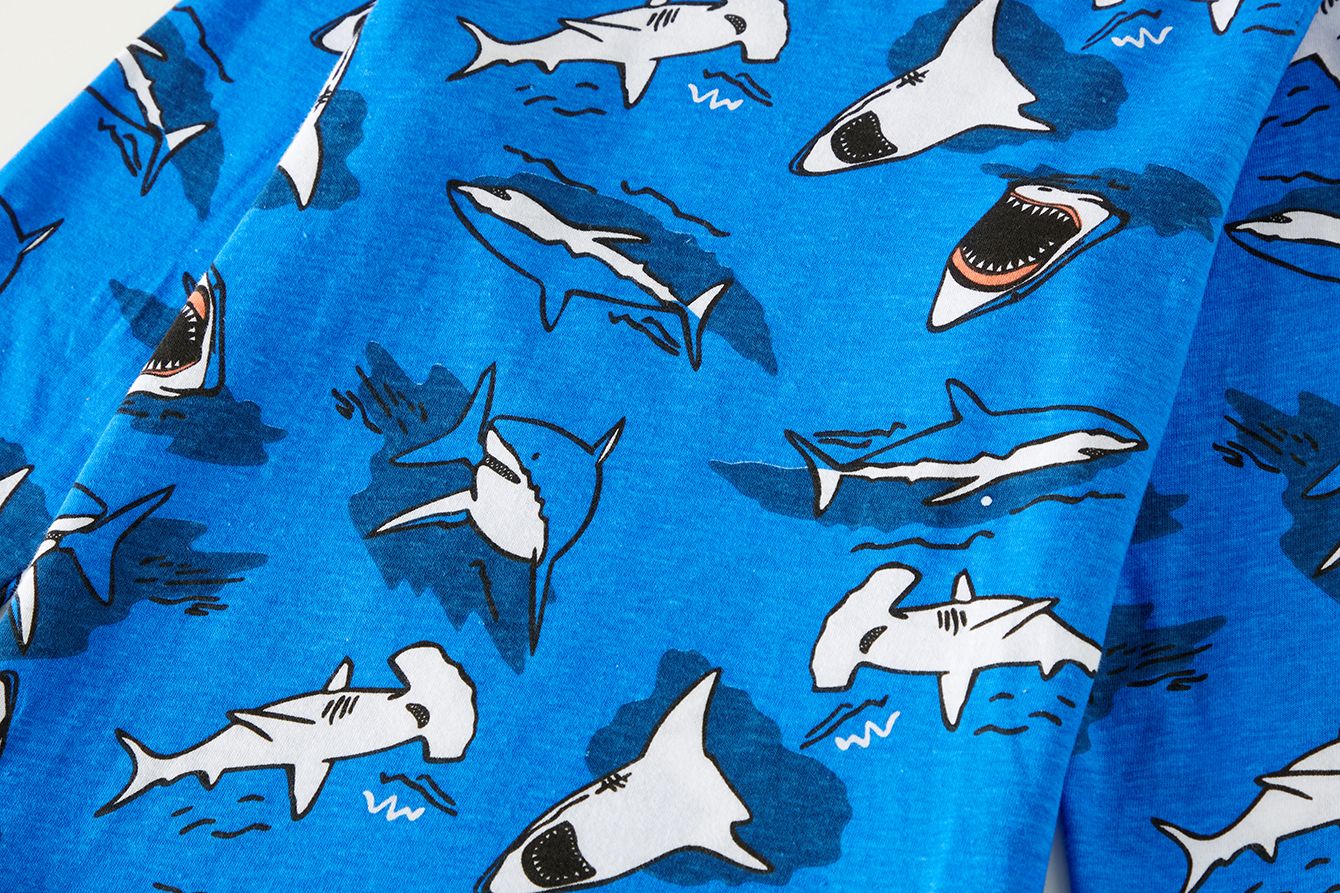 Age 1-8 Kids Sleepwear 4 Seasons  Cotton Full Print Cartoon Shark Pajamas Boys  Daily Basic Long Sleeved Soft Loungwear Set