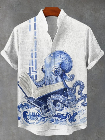 2025 new men's short sleeved shirt, Japanese art printed shirt, summer men's casual cardigan breathable bamboo and linen shirt