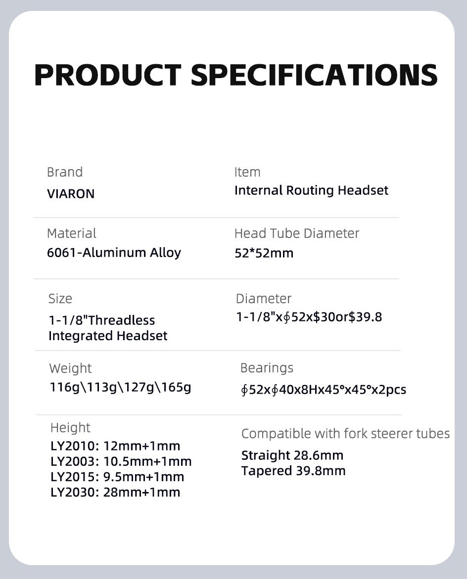 VIARON Bicicleta 52-52mm Roteamento Interno de Cabos Grupo de Bacia Roteamento Interno de Cabos Quadro Cônico Reto 28.6mm 39.8mm Grupo de Bacia Caixa de Direção Oculta