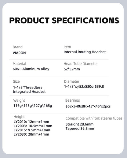VIARON Bicicleta 52-52mm Roteamento Interno de Cabos Grupo de Bacia Roteamento Interno de Cabos Quadro Cônico Reto 28.6mm 39.8mm Grupo de Bacia Caixa de Direção Oculta