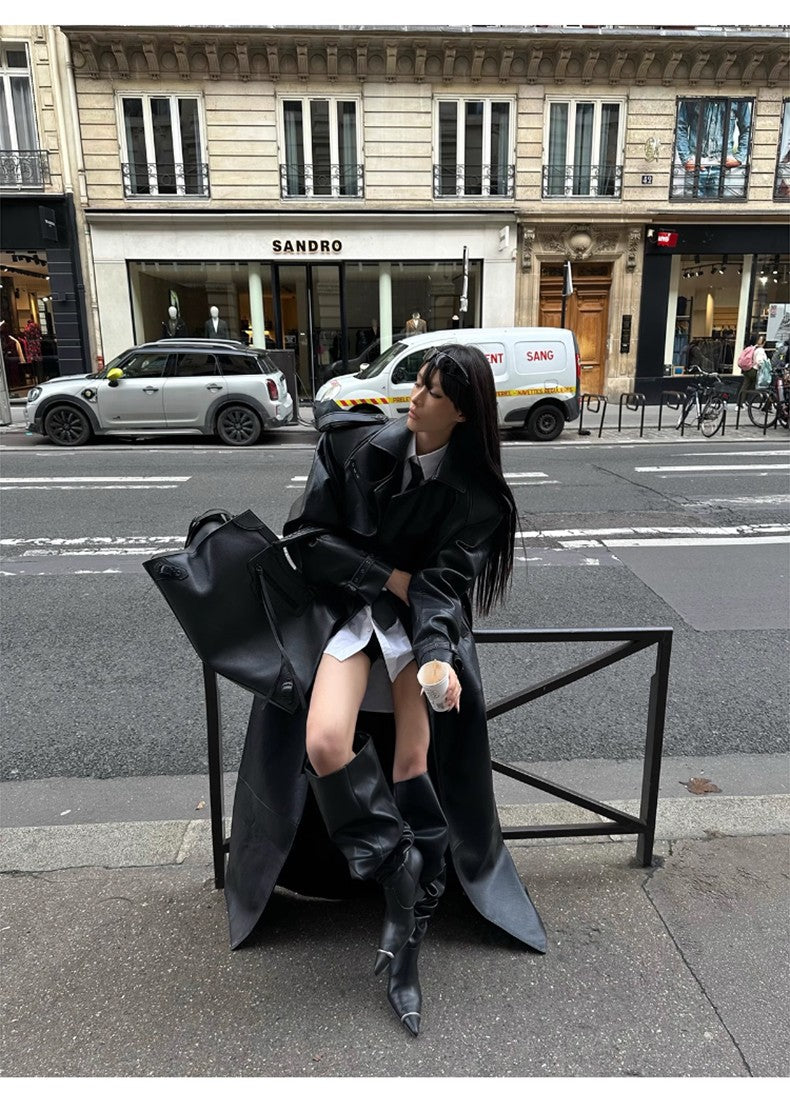 Lautaro Spring Autumn Extra Long Black Pu Leather Trench Coat for Women with Back High Slit Luxury Chic European Fashion 2024