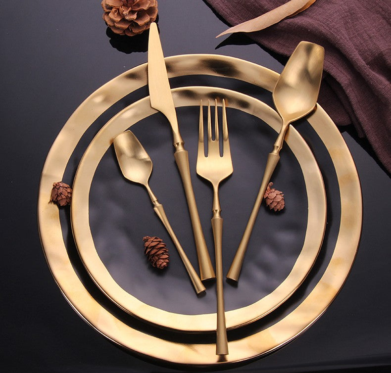 Conjunto de Talheres 24 Peças Aço Inox Fosco Preto Dourado Jogo de Talheres de Mesa Faca Colher Garfo Lavável em Lava-louças
