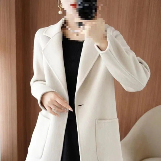 Ladies' Fashionable Woolen Coat Autumn Winter High End Medium Length Leisure Style Woolen Outerwear Pure Color Full Sleeve