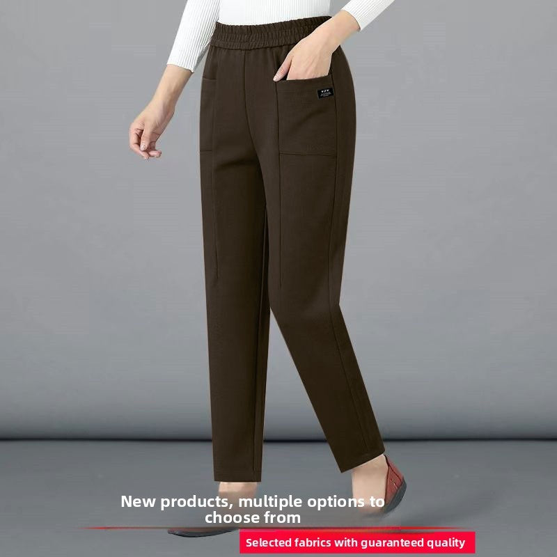 High Waist Straight Leg Pants Women's Fleece Lined Elastic Casual Mom Pants Spring Autumn Winter Polyester Fiber Harlan Pants