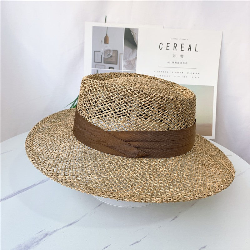 Chapéu de Palha Feminino de Verão Chapéu de Sol Luxuoso Feminino Chapéu de Praia de Proteção Solar da Moda Chapéu Panamá Francês Chapéu Raff de Aba Larga com Topo Abaulado
