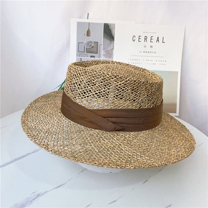 Chapéu de Palha Feminino de Verão Chapéu de Sol Luxuoso Feminino Chapéu de Praia de Proteção Solar da Moda Chapéu Panamá Francês Chapéu Raff de Aba Larga com Topo Abaulado