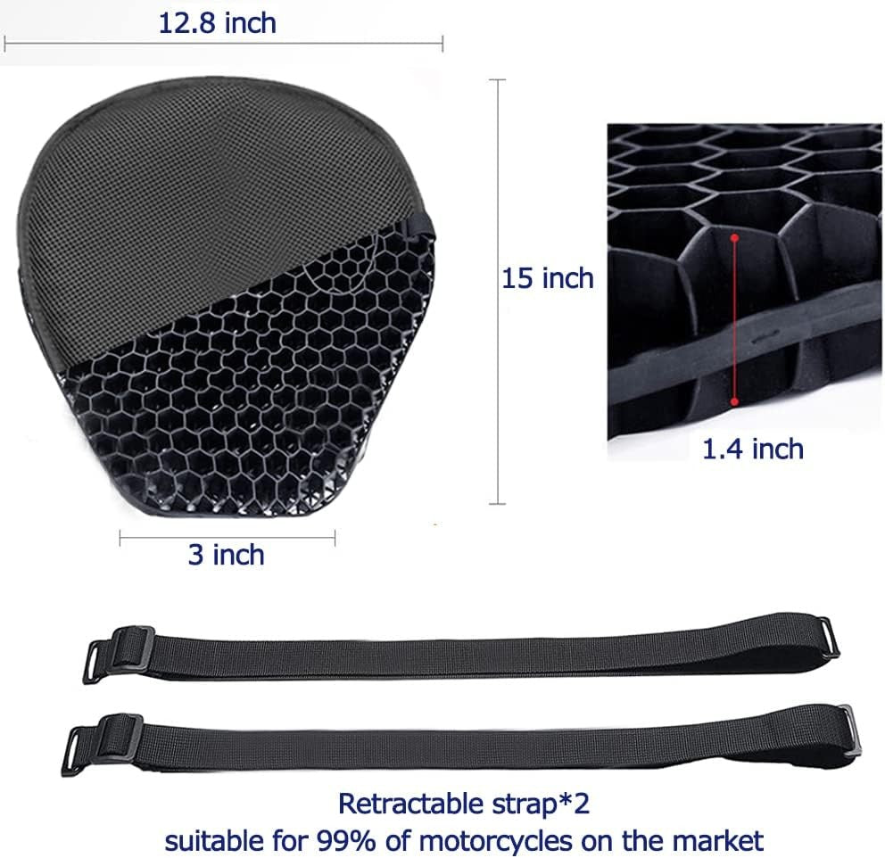 Almofada de assento de motocicleta com absorção de choque, descompressão em gel colmeia 3D, almofada de assento de motocicleta universal confortável