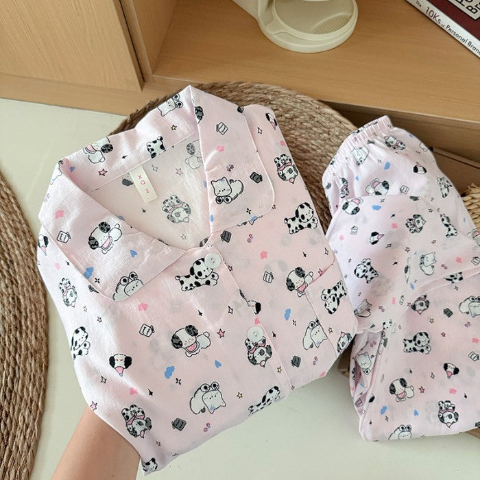 Sweet Cute Goose Print Korean Fashion Women's Pajamas Nightwear Kawaii Casual Lapel Neck Y2K Pajamas Set Autumn New Loungewear