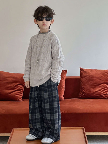 2025 Autumn Winter Cotton Boys Casual Pants Children Fleece-Lined Kids Plaid Loose Long Trouser Soft Warm 3-12 Years Outfit