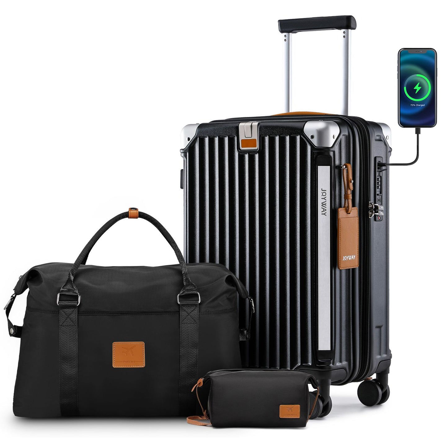 Conjuntos de Bagagem Joyway 3 Peças, Malas Expansíveis com Porta-Copos Inteligente e Porta USB, Malas Rígidas de Bordo e Despachadas com Cadeado TSA