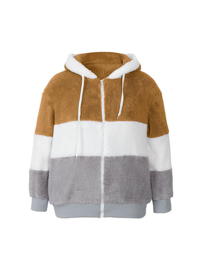 Plus Size Autumn/Winter New Arrivals Women's Autumn/Winter Drop-Shoulder Long-Sleeved Colour-Block Patchwork Fleece Hooded Jacke
