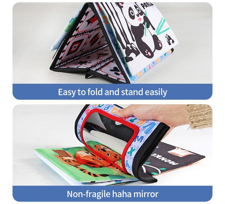 Livro de Pano Engraçado em Preto e Branco para Bebês Brinquedo Educacional Montessori para Crianças Recém-nascidos Brinquedos com Espelho para Tummy Time