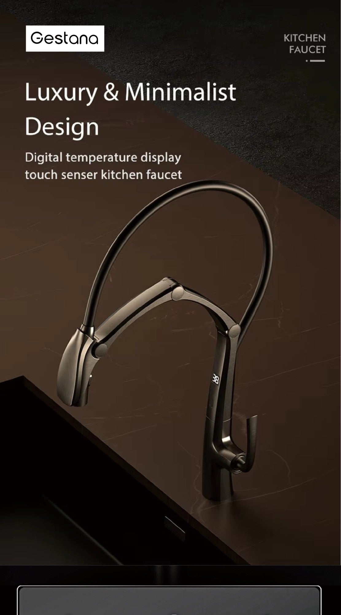 Luxury Gunmetal Brass Kitchen Faucet with LED Display,Sensor&Pull-Out 3-Function Spray,Touchless High Pressure Water-Saving Tap